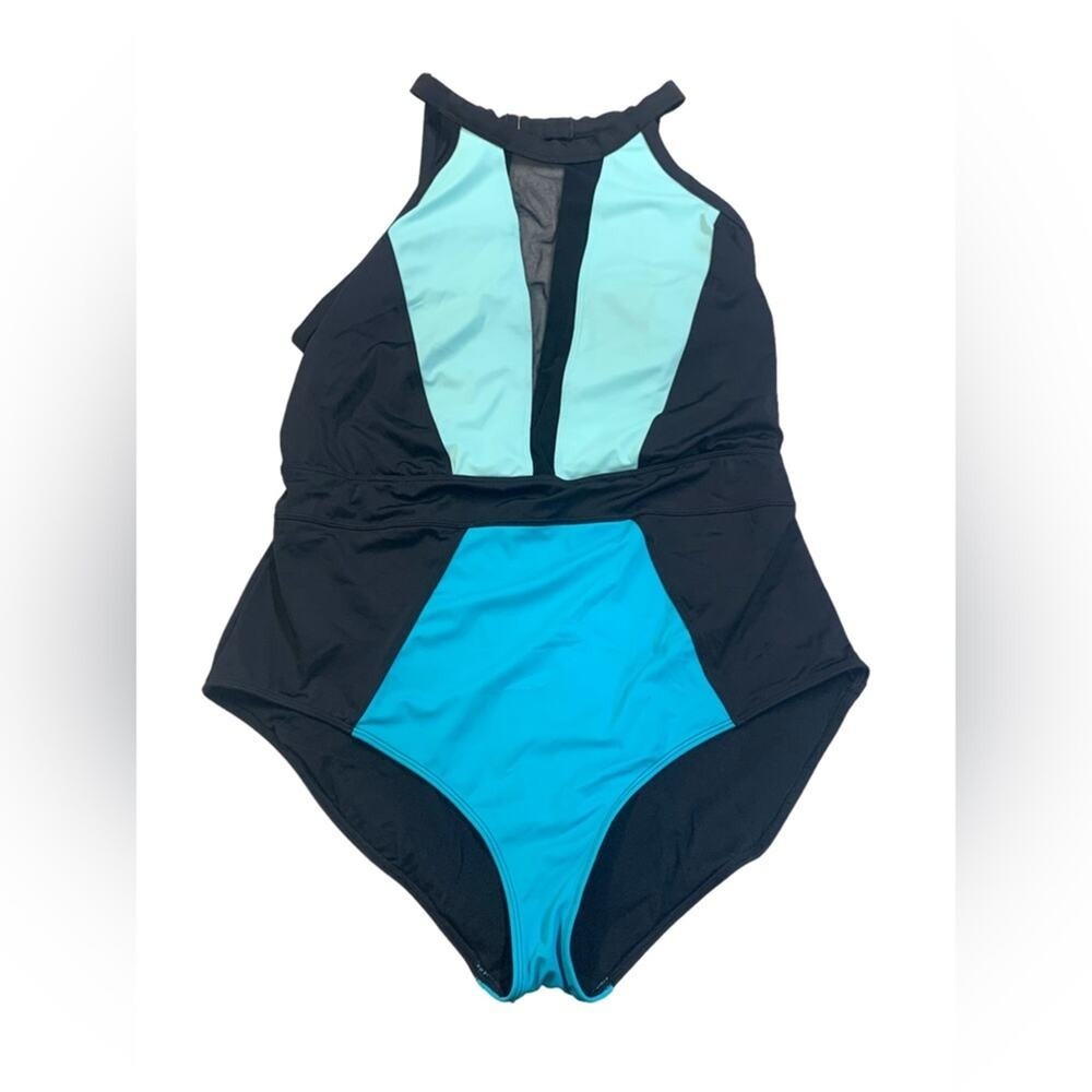 Adore Me One Piece Swimsuit Women 2X Black Blue Colorblock High Neck Mesh Beach